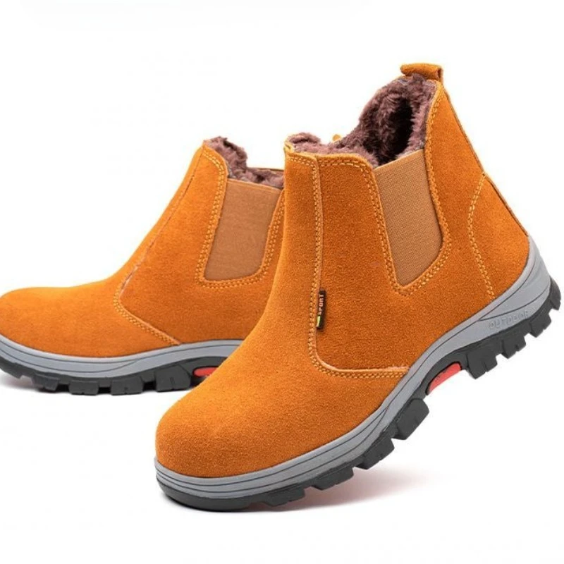 Men Shoes Online - รองเท้าเซฟตี้หนังวัวบุขนหนานุ่มสำหรับฤดูหนาว ป้องกันการกระแทก ป้องกันการเจาะทะลุ เหมาะสำหรับงานเชื่อม ​