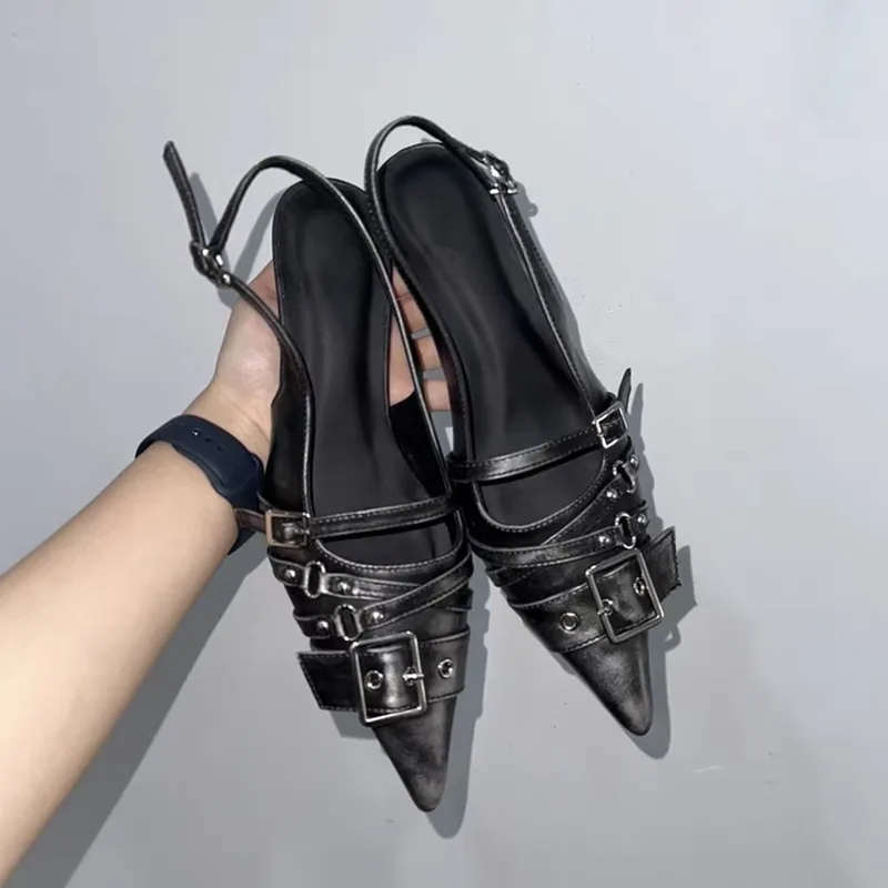 Dress Shoe Pointed - รองเท้าส้นสูงหัวแหลมแบบสวมสำหรับผู้หญิง ประดับหัวเข็มขัด แบบเปิดส้น รุ่นปี 2025