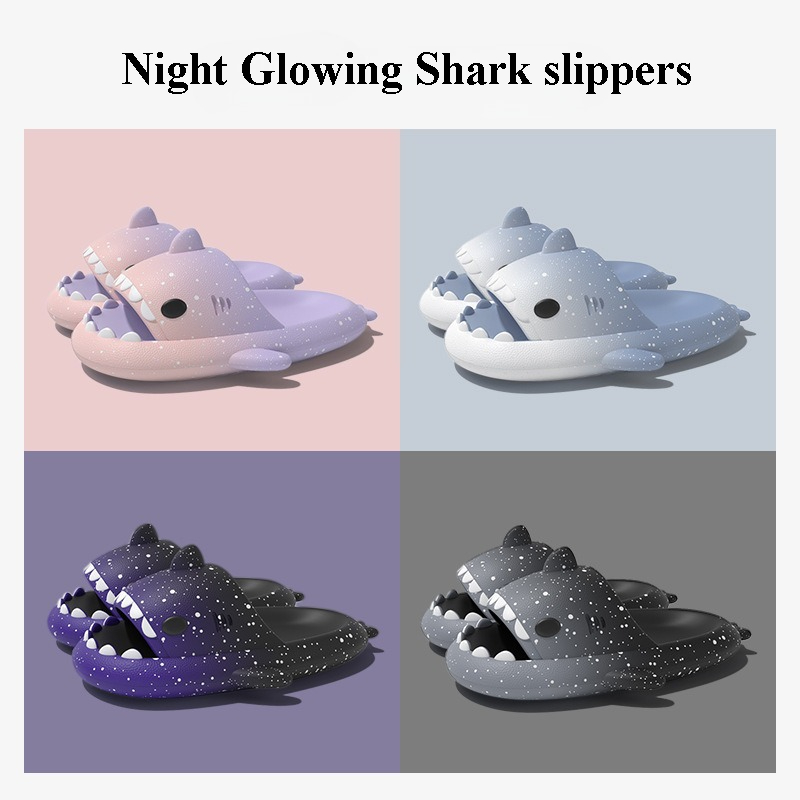 Men Shoes On - น่ารักการ์ตูน Shark รองเท้าแตะสําหรับผู้หญิงผู้ชายสีฤดูร้อนรองเท้า Night Glowing สไตล์คู่