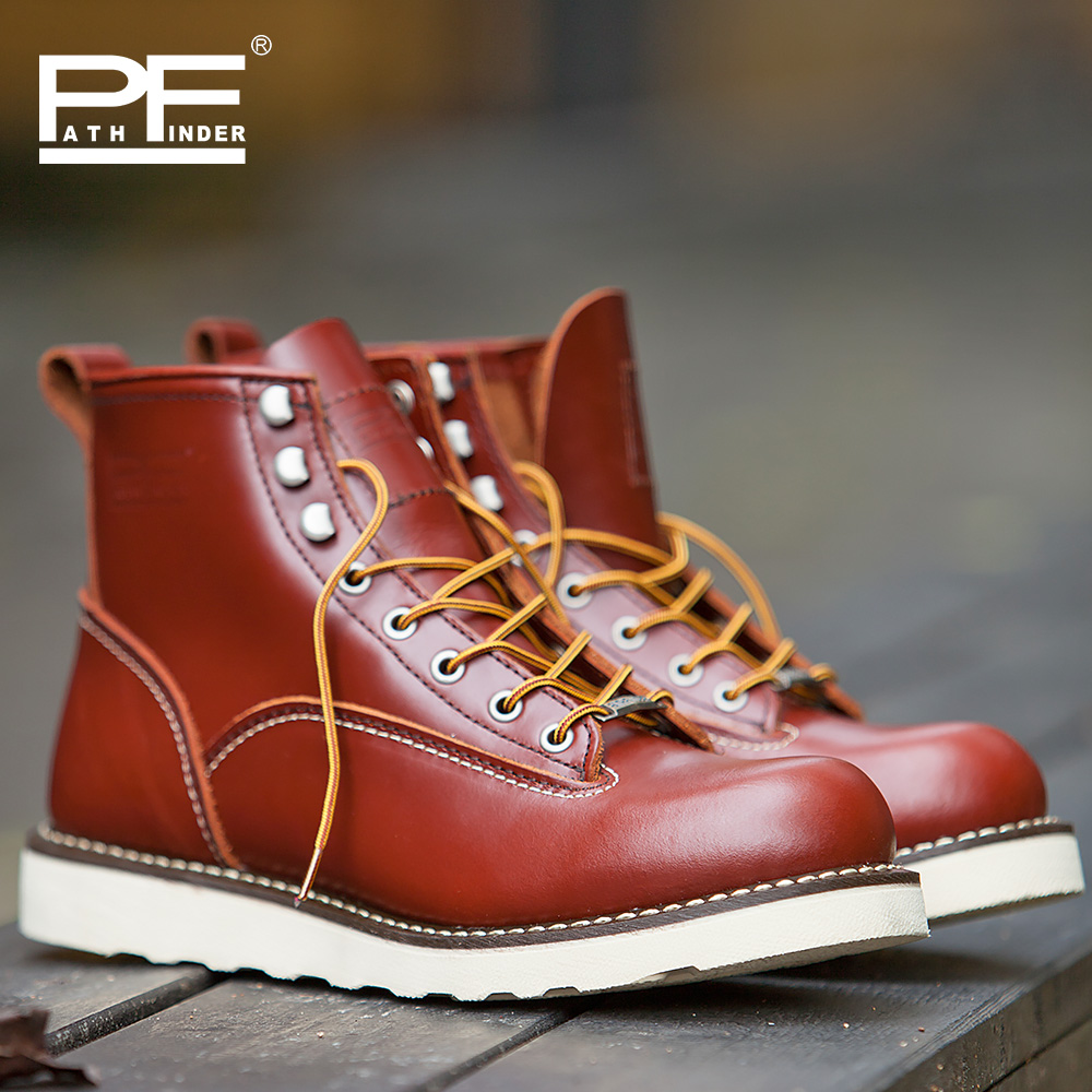 Work Boot Steel Toe - รองเท้าบูททำงานหนังแท้สำหรับผู้ชาย ป้องกันการลื่นไถล ปลายเหล็ก ป้องกันการกระแทก แบบหุ้มข้อกลางน่อง สีเหลือง