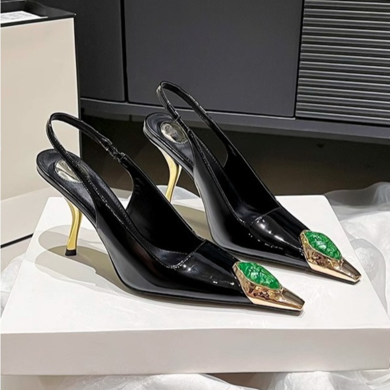 Dress Shoe Pointed - รองเท้าส้นสูงแบบสลิงแบ็ค ดีไซน์หรูหรา ประดับเพชร สไตล์สตรีทแฟชั่น สำหรับงานเลี้ยง งานพรอม