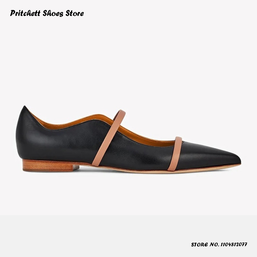 Men Shoes On - รองเท้าบัลเล่ต์หนังแบบสองสายรัดสำหรับผู้หญิง หัวแหลม ส้นเหลี่ยม สวมแบบสลิปออน รองเท้าลำลองสำหรับฤดูใบไม้ผลิ ฤดูร้อน