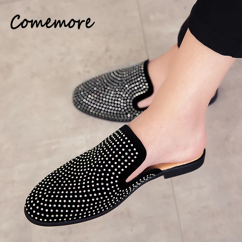 Men Shoes Louboutin - รองเท้าหนังไรน์สโตนกลิตเตอร์หรูหราสำหรับผู้ชายรองเท้าแฟชั่น