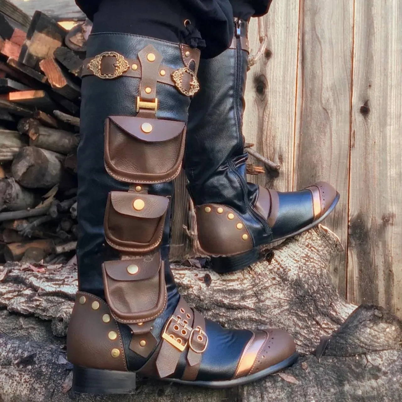 Men Shoes Europe To Us - รองเท้าบูทสูงสไตล์เรโทรยุคกลางสตีมพังก์ มีกระเป๋า สำหรับคอสเพลย์นักเดินทางข้ามกาลเวลา ผู้ชาย ไซส์ใหญ่ สำหรับเล่นบทบาทสมมติ
