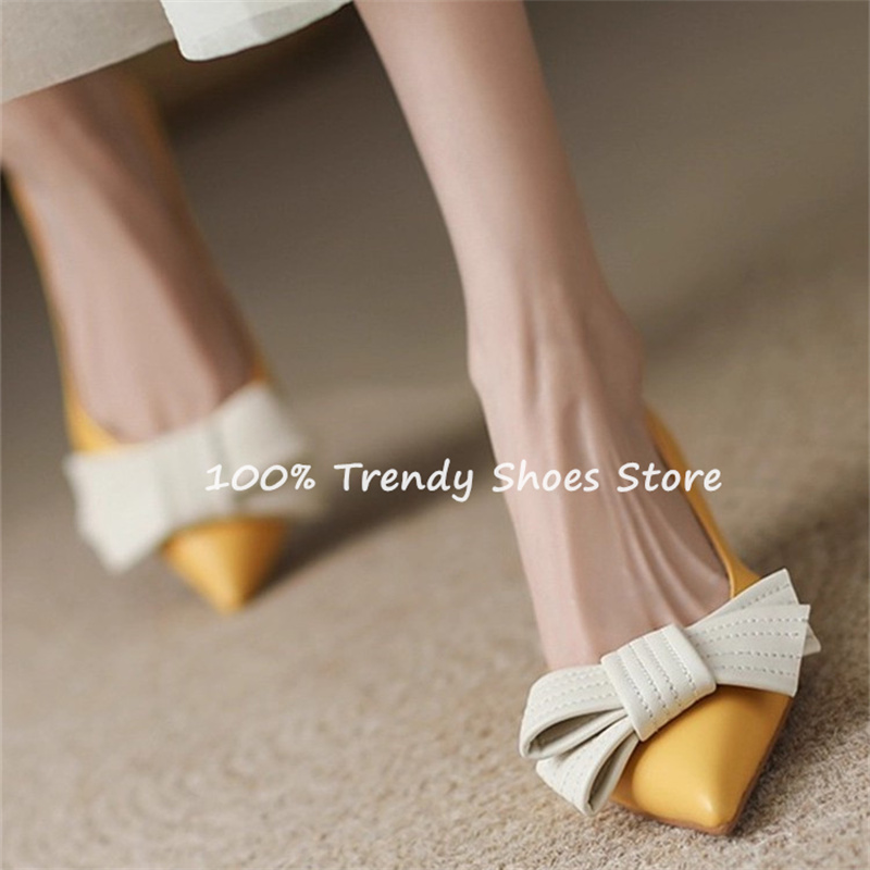 Dress Shoe Pointed - รองเท้าส้นสูงแบบสวมสำหรับผู้หญิง ตกแต่งโบว์ผีเสื้อ สไตล์ฝรั่งเศส ดีไซน์หรูหรา หัวแหลม ส้นสูง