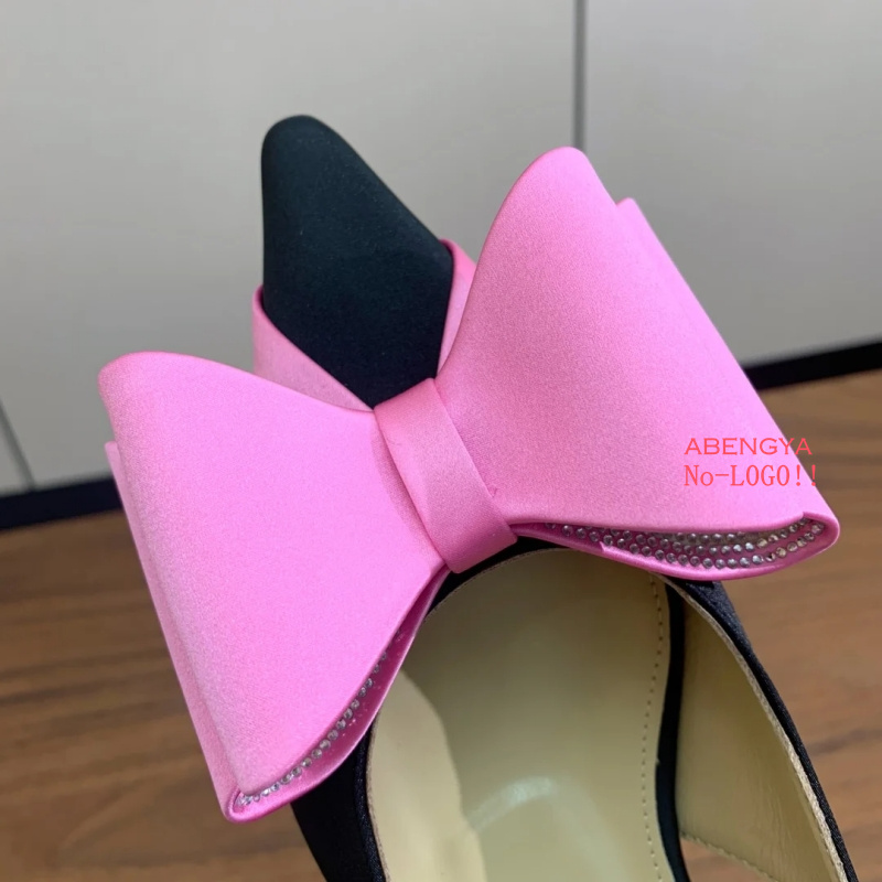 Dress Shoe Pointed - รองเท้าส้นเตี้ยผ้าไหมสีชมพูแบบผูกโบว์สำหรับผู้หญิง ดีไซน์เซ็กซี่ เหมาะสำหรับงานพรอม งานเลี้ยง งานปาร์ตี้ แฟชั่นฤดูร้อน