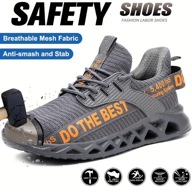 Work Boot Steel Toe - รองเท้าเซฟตี้หัวเหล็กสำหรับผู้ชาย รองเท้าทำงานน้ำหนักเบา ระบายอากาศได้ดี สีเทา ป้องกันการกระแทก ป้องกันการเจาะทะลุ